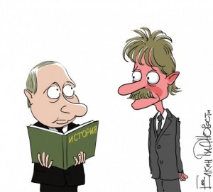 Žiniasklaidoje Lietuvoje gyvenantys rusai tapatinami su Putino režimu ir jo istorijos interpretacija. Sergėjaus Jėlkino karikatūra.