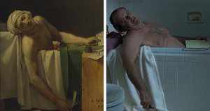 Jacques-Louis David, La mort de Marat (1793) ir Alexander Payne, About Schmidt (2002)